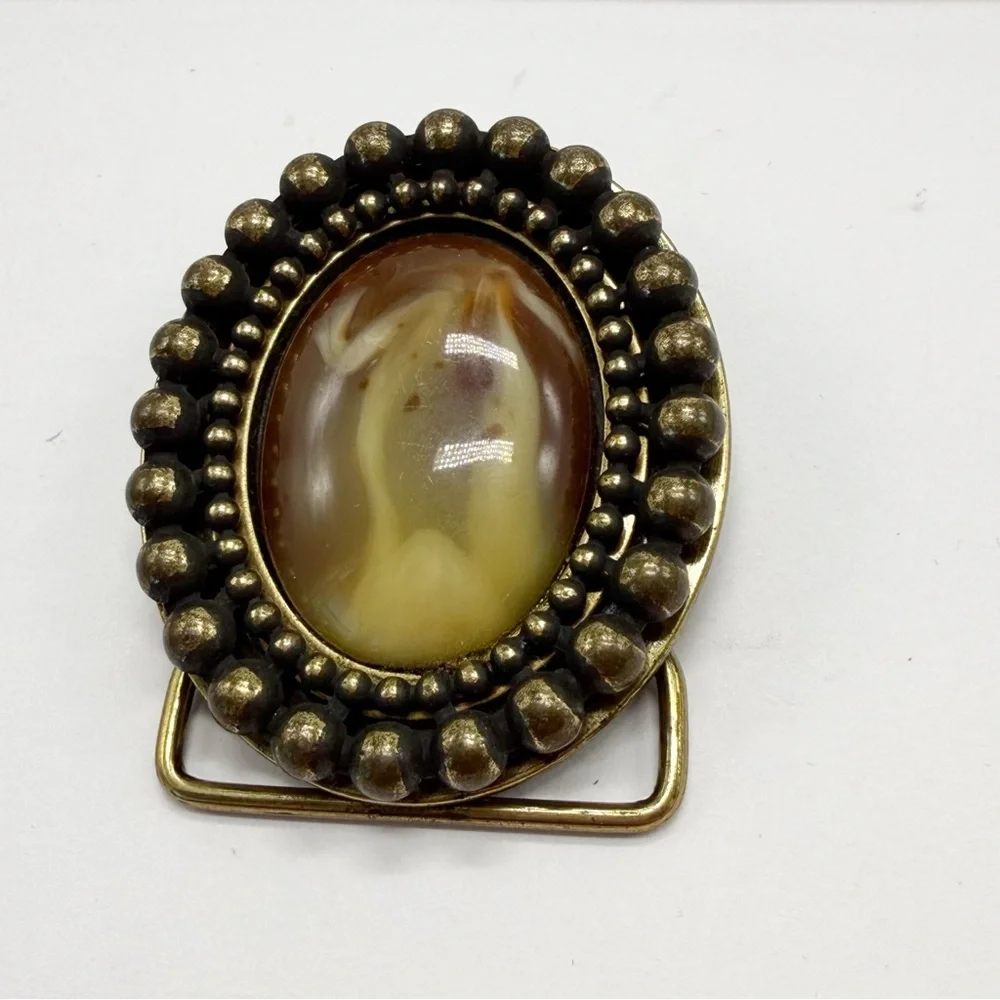 Vintage Oval Brass Belt Buckle with Brown and Cream Stone Small